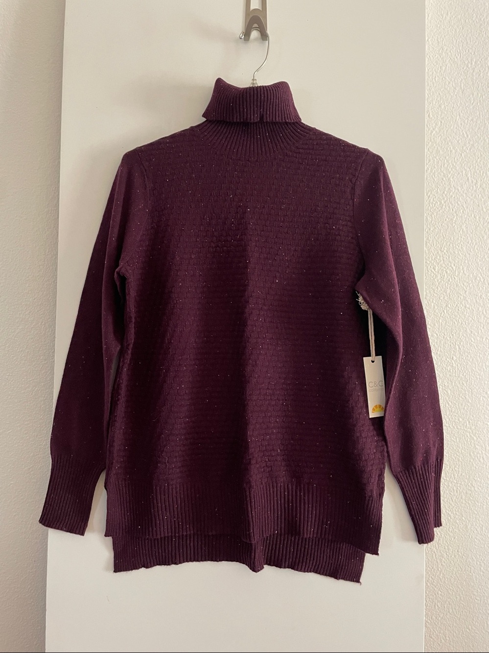 C&C CA Merino Wool Blend-Long Sleeve Ribbed Turtleneck Sweater Berry wine NWT